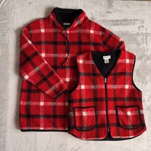 Jones New York Sport Red Plaid Fleece Quarter Zip Pullover L Vest S Set Petite